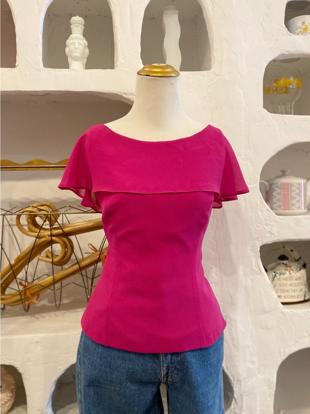 2000s Vintage Mesh Women’s Fuchsia Pink Boatneck Flutter Sleeve Cape Overlay Top
